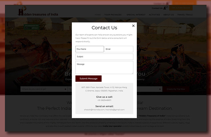 Hidden Treasures of India Website Contact Page Screenshot
